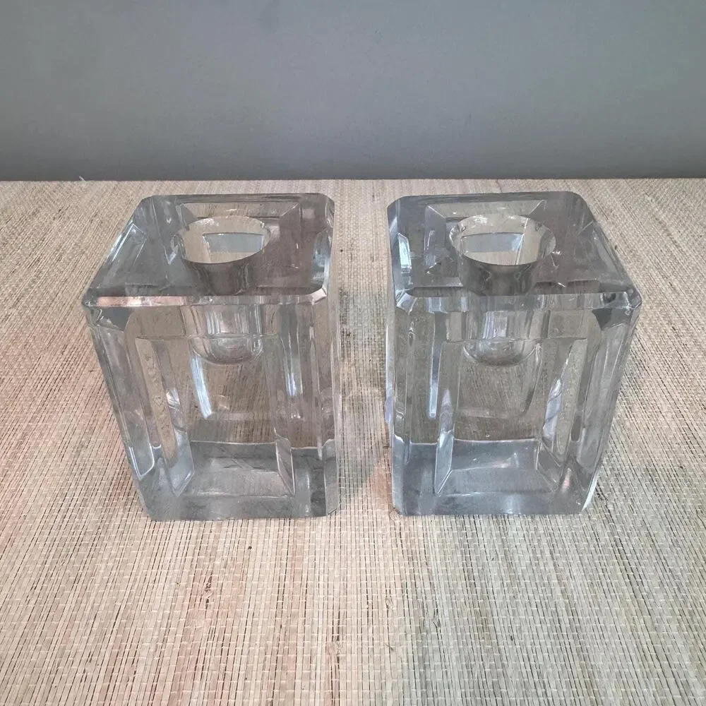 Vintage Pair MCM Art Deco Heavy Cut Crystal Block Candle Holders